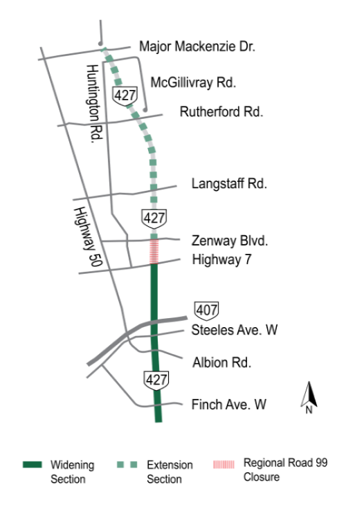 Clickable map of temporary traffic disruptions on the Highway 427 Expansion project, currently highlighting the permanent closure of York Regional Road 99